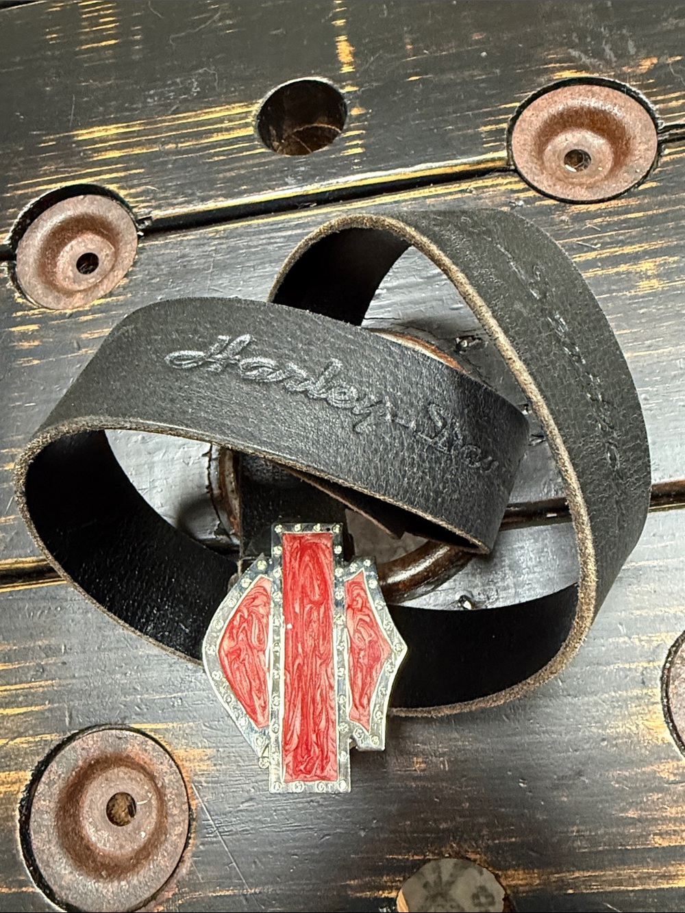 Harley-Davidson Black Leather Signature Metal Buckle Belt - Size 32